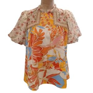 Jodiful Mixed Floral Tropical Print Puff Sleeve Blouse Ruffle Neck Multicolor
